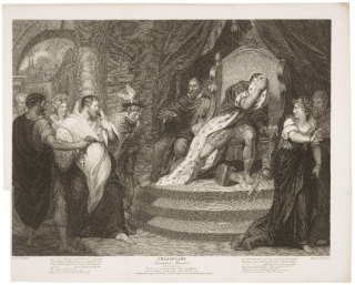 The final scene. On the left is the Duke in his friar's cloak, and Angelo hides his face on the right. Print by John Peter Simon, c. 1810, from the Folger Shakespeare Library Digital Image Collection.
